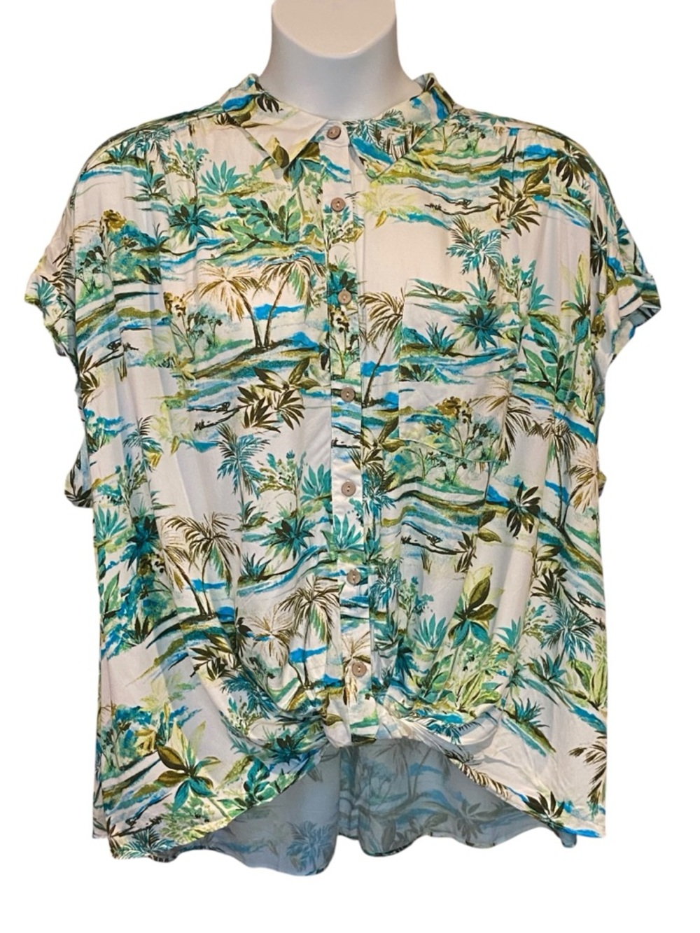 Rose & Olive Tropical Print Button-Down Shirt in Teal, Green & White